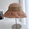 Sombrero de Pescador Plegado de Papel Japonés Estilo Hada para Mujer, Sombrero de Sol de Paja para Verano, Sombrero de Cubo Artístico con Visera de Cinta de Tencel Plegado