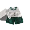 Ropa de Comercio Exterior Rayada para Niños Lindo Oso de Dibujos Animados 2026 Verano Cuello Redondo Bloque de Color Ropa Infantil Manga Corta Conjunto de Dos Piezas