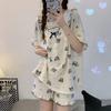 Ins Pijamas estilo coreano feminino verão pequeno floral manga curta gola redonda princesa renda bolha viva solto menina doce