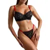 Conjunto de Lingerie Sexy Preto Sedutor Europeu e Americano Transparente de Renda Fina com Sutiã Push-Up para Seios Grandes