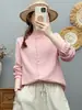 Camisa artística estilo francês de manga longa para mulheres com carcela de renda e botões coloridos, macia e amiga da pele, feita de gaze de algodão de camada dupla 100% algodão