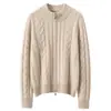 Suéter 100% Caxemira Pura Feminino Grosso Tricô em Ponto Trançado Cardigã de Gola Semi Alta Roupa de Exterior Quente Temperamento Solto Malha Versátil