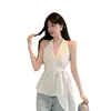 Elegante Camisa Preta Sem Costas com Gola Halter Sem Mangas para Mulheres, Amarração na Cintura para o Verão 2024 Top Chique de Nicho