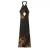 Vestido de verano para mujer estilo europeo y americano, largo medio, estampado, cuello halter 2877 color de la imagen mezcla de fibra sintética