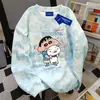 Design Americano Coreano Moletom Gola Redonda Crayon Shin-Chan Feminino Outono Inverno Vibe Nicho Casual Tie-Dye Rosa Top