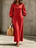 Vestido casual solto de manga bufante com botões e decote V, estilo europeu e americano, transfronteiriço, projetado para esconder a barriga e criar um efeito emagrecedor, perfeito para férias