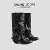 Versão Couro Bico Fino Menina Ousada Calça com Fivela Botas de Cano Longo Femininas Retrô Emagrecedoras Botas de Cavaleiro Rebites Pregas Salto Grosso Botas Longas