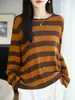 Suéter de punto a rayas, estilo francés, corte relajado, con bloques de color, para mujer. Top de cuello redondo, corte holgado, diseño versátil para primavera y otoño