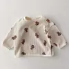 INS Camiseta Casual Simples Fofa com Estampa de Ursinho de Desenho Animado Floral Waffle Gola Redonda para Bebê