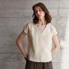 LiquidacióngangaOferta Especial para el Comercio Transfronterizo: Top de Mujer con Cuello en V, Corto por Delante, Largo por Detrás, Color Sólido, Lino Puro, Camiseta Versátil de Manga Corta