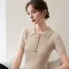 Nuevo Jersey de Punto Cableado Casual de Manga Corta con Botones y Cuello de Solapa para Mujer de Cachemira