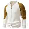 Cardigan de Tricô Masculino com Gola Alta e Zíper, Outono/Inverno 2026, Suéter Color Block com Manga Raglan, Blusa Casual Grossa de Manga Longa para Homens