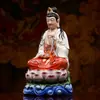 Estatua de Buda de Mahasthamaprapta Sentado sobre Loto, Bodhisattva Guanyin Pintado en Oro, Adorno de Cerámica para Sala de Estar o Tienda, Adorno de Guanyin Sentado sobre Loto
