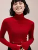 Top de Natal Ano Novo Vermelho Sem Costura Peça Única Fio Yangtze 100% Lã Malha com Gola Alta Slim Feminina