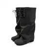 Botas de Cano Alto Femininas Retro Bico Redondo Salto Bloco Nova Versátil Cadarço Amassado Empilhado Emagrecedor Cano Alto Botas de Equitação