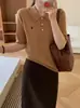 Top de punto de manga corta 100% lana merino fina para mujer, estilo nuevo, cuello polo, tejido de ochos, color liso, bordado, adelgazante, primavera, otoño