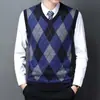 Chaleco de punto con cuello en V transfronterizo para otoño e invierno, chaleco sin mangas para hombre con estampado de rombos, suéter jacquard engrosado para mediana edad, chaleco de punto para hombre