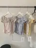 Y.Jia Yijia-Blusa Camiseta Manga Curta Xadrez Ruffle Patchwork Laço Doce Uma Manga 7766