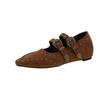 Sapatilhas Pontudas Marrons Retro com Salto Interno para Mulheres 2025 Outono Novo Versátil Sapatilhas com Rebites Boca Rasa Sapatos Mary Jane