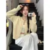 Cárdigan Corto de Punto Amarillo para Mujer Otoño Invierno Ropa de Abrigo Suéter Suave Lecheso Esponjoso Estilo Perezoso Holgado Adelgazante Top