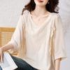 Camiseta de manga corta de algodón y lino para mujer, disponible en stock, estilo verano 2025, cuello en V, corte entallado.