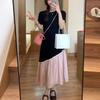 Vestido Irregular com Costura em Cores Contrastantes de Manga Curta Feminino Design Sensual Solto Slim Gola Redonda Camiseta Vestido Longo Novo