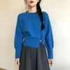Estilo simple, diseño de abertura lateral, suéter de punto redondo para mujer, adecuado para primavera, otoño e invierno, longitud corta, perfecto como capa interior o capa base