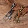 Chaveiro Estrela de Cinco Pontas Vintage Desgastado, Pingente Personalizado de Couro Trançado, Chaveiro de Carro Estilo Retro Americano
