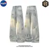 Jeans de Marca Nasa Estilo Retro Americano con Manchas y Arañazos de Gato para Hombre, Pantalones de Pierna Recta Sueltos Acampanados para Todas las Estaciones