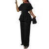 Traje Elegante Rojo de Venta Caliente Transfronterizo Estilo Europeo y Americano para Mujer, Top de Manga Corta Entallado a la Cintura, Pantalones de Pierna Ancha con Caída, Conjunto de Dos Piezas para el Trabajo
