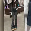 Jeans Gris Humo de Cintura Alta Ligeramente Acampanados para Mujer, Otoño Delgados de Pierna Recta Elásticos Ajustados Versátiles Pantalones de Pierna Ancha
