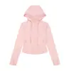 Jaqueta Lulu com Capuz Casaco Curto Ajustado Gola Alta Jaqueta Elástica Zíper Dourado Roupa para Fitness Yoga