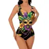 Body sin mangas de estilo carnaval europeo y americano con estampado de plumas brillantes en morado, verde y dorado, escote en U, ajustado, traje de baño sexy de una pieza