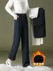 1050 Nuevo Llegado de Invierno Jeans de Pierna Ancha para Mujer Pantalones Casuales Engrosados con Forro Polar para Mujer Pantalones de Traje Formal de Pierna Recta de Tencel