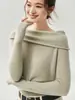 Estilo de deseo suave y puro~Suéter de punto para mujer 75% cachemir + 25% seda de morera, hombros descubiertos, entallado en la cintura, top suave y acogedor
