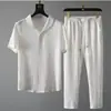 Traje de verano ultra delgado de cinco cuartos de seda helada y lino para hombre, conjunto de dos piezas de algodón y lino, talla grande, moderno, lujo ligero, ropa deportiva holgada