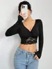 Camiseta básica negra de encaje empalmado, ajustada, de deseo puro, transfronteriza, para mujer, adecuada para primavera, otoño e invierno, con cuello en V y textura cepillada, única y de nicho.