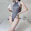 Fantástica lencería sexy para mujer, mono elástico abierto de seda de hielo, conjunto de pijama con tirantes calados