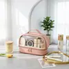 Bolsa de maquillaje de doble capa con asa, bolsa de almacenamiento impermeable, gran capacidad, neceser multifuncional, bolsa de almacenamiento portátil para uso en exteriores