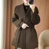 Abrigo de lana para mujer, de longitud media, tejido de lana de doble cara, con cinturón y bolsillos, color liso, versátil, engrosado, cálido, estilo nuevo