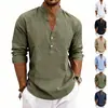 Website independente transfronteiriço: Nova camiseta Henley masculina de linho estilo americano, corte solto, casual, respirável, com decote V e mangas compridas, um item mais vendido