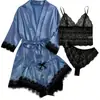Pijamas transfronteiriços femininos de verão coloridos plus size europeus e americanos pijamas sexy com alças finas renda conjunto de quatro peças atacado