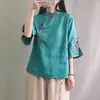 Estilo chinês vintage algodão e linho camisa estilo chinês gola vertical botão de contraste mid-sleeve top bordado chá vestuário primavera e verão roupas femininas