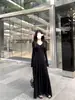 Vestido Longo Manga Longa Petite Cor Sólida Malha Primavera Feminino Cintura Marcada Slim Vestido Interno Versátil Longo para Primavera