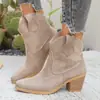 Botas de Mujer de Talla Grande Transfronterizas Nuevas Estilo Europeo y Americano Punta Fina Retro Corte Bajo Gamuza Escarchada Zapatos de Viscosa Botas Martin