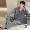 Pijama de algodón puro, nuevo estilo de otoño, cárdigan, manga larga, pantalón largo, color liso, 100% algodón, conjunto de dos piezas para casa para hombre, venta transfronteriza por transmisión en vivo