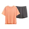 Traje de Verano Dulce y Lindo de Seda de Hielo Acanalado Fresco de Manga Corta Pijama de Verano para Mujer con Almohadillas en el Pecho Ropa de Casa Delgada