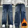 Calça Masculina Primavera e Outono Reta Infantil Longa para Crianças Maiores Jeans Cargo Solta Calça Wide Leg para Meninos de 12 Anos Tendência