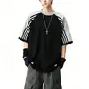 Camiseta de Manga Corta Raglán de Algodón Puro para Hombre, Estilo Americano con Bloques de Color y Tres Rayas, Verano, Corte Holgado, Top Versátil Casual de Manga Tres Cuartos