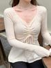 Camisa Básica com Gola de Cordão Suave para Outono e Inverno com Decote V Afinando a Cintura Clavícula Manga Longa Renda Camiseta Top para Mulheres
